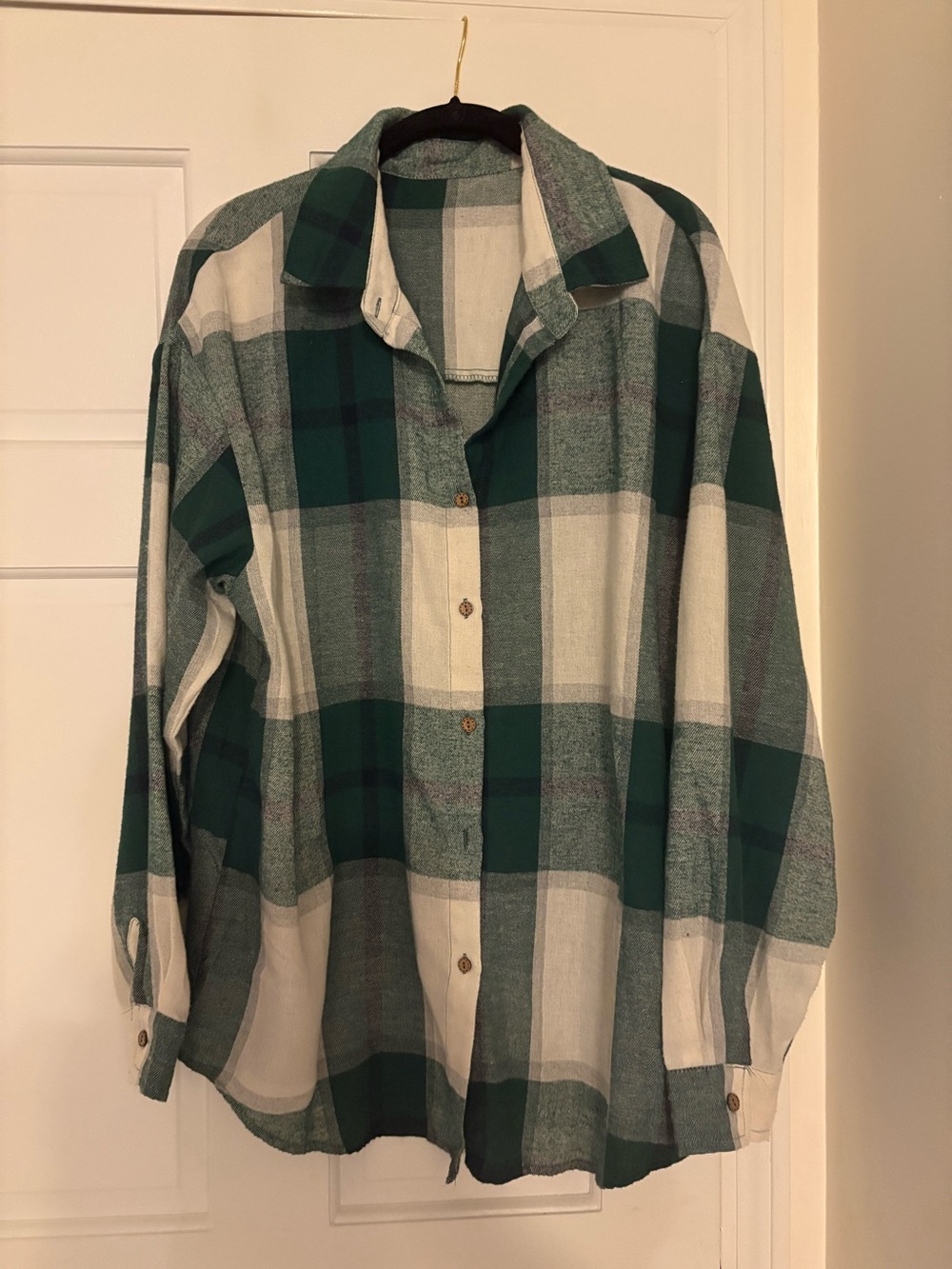 Green and White Plaid Button-Down Shirt - Unbranded